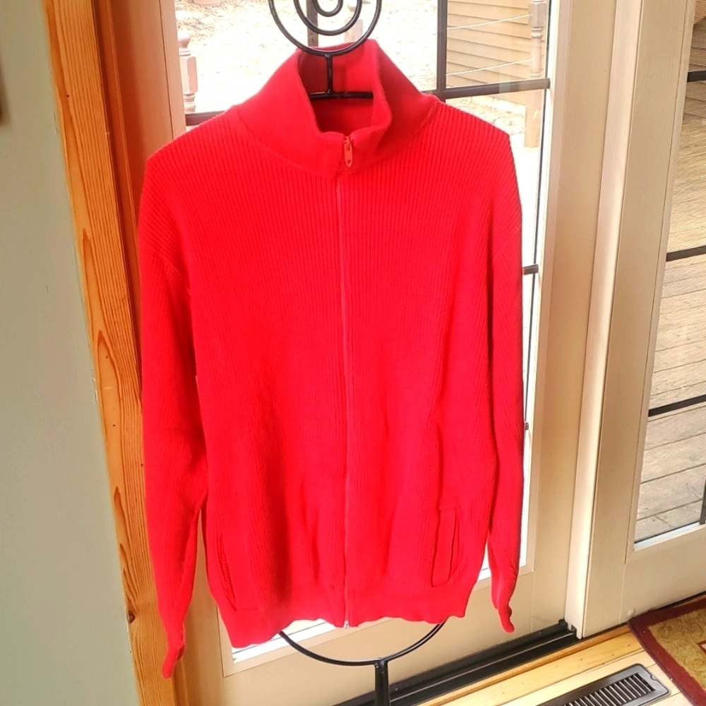 LL Bean Vintage Red Ribbed 100% Cotton Full Zip Cardigan Sweater Mock Neck Large